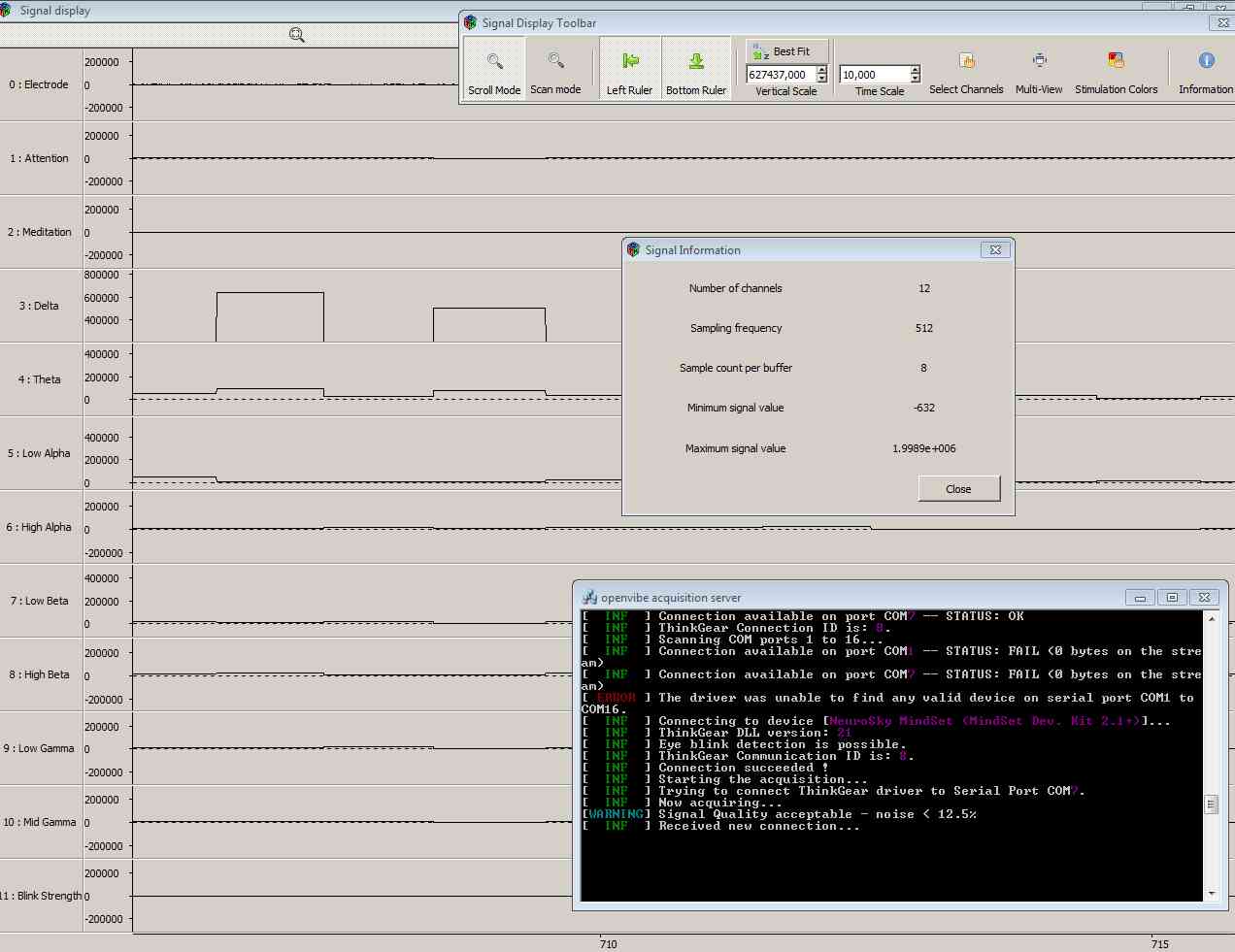 Screenshot-MindWave signals in Open Vibe Designer AND Signal Information 12 ch, sampl cnt per buf 8, sfreq 512 AND OV Acq Server STATUS WINDOW-20062012.JPG