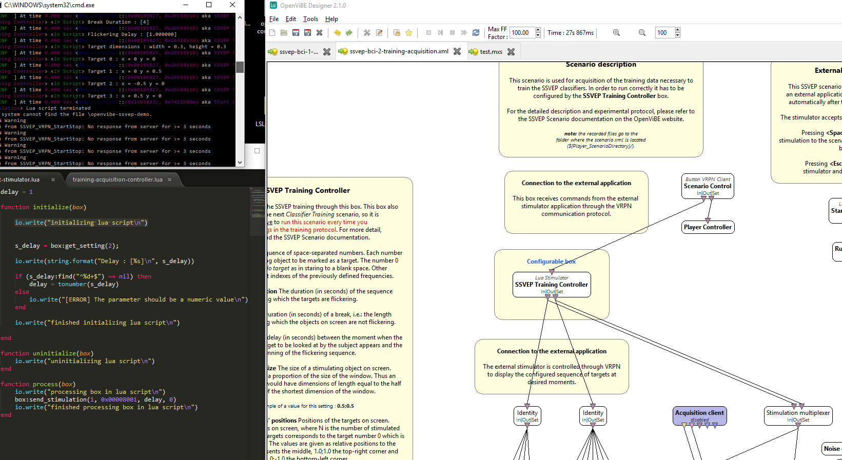 screenshot: Openvibe designer (we tried to connect it with a noise producer and enable the original acquisition client), command window, and start-stimulator.lua(I tried to change one line to debug but it didn't work.)